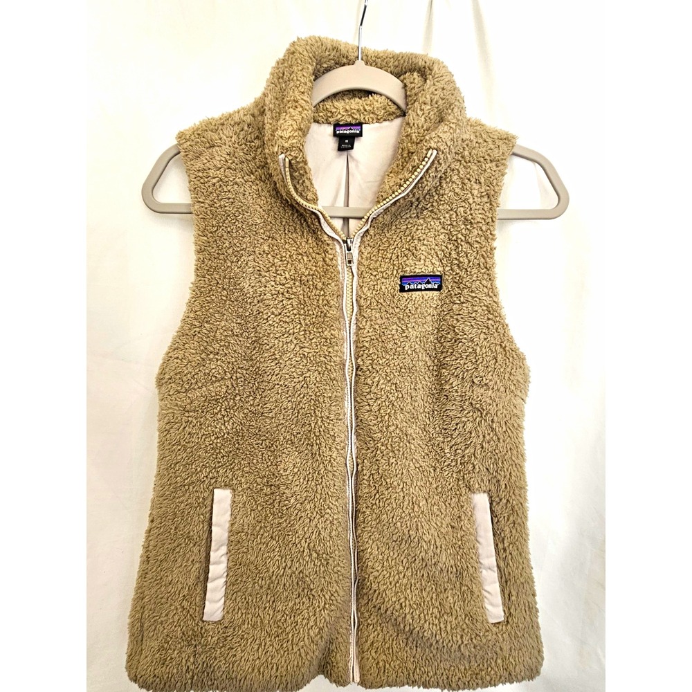 Patagonia Los Gatos Womens M Beige Fleece Vest Full Zip Pockets Logo